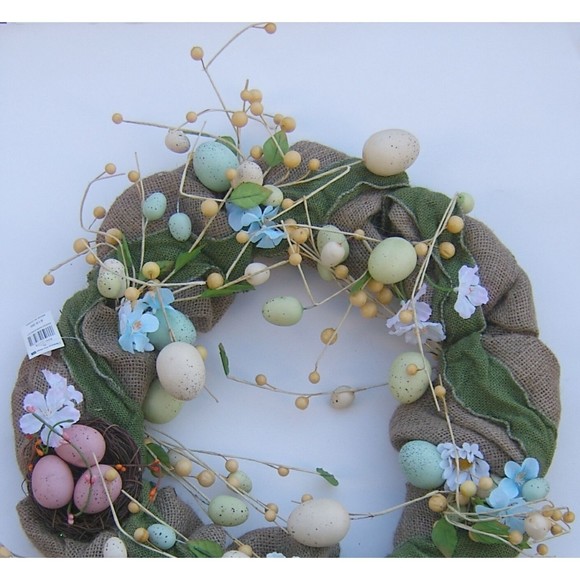 Easter Wreath Burlap Eggs Nest Spring Flowers Natural Country Front Door Decor - Picture 2 of 9